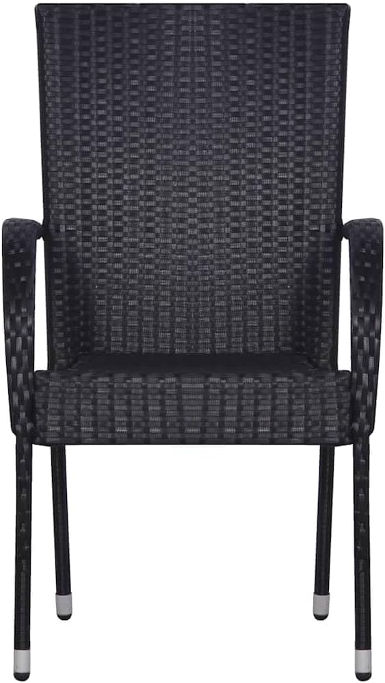 3 Piece Garden Dining Set, Black PE Poly Rattan Outdoor Furniture with Glass Top Table and 2 Stackable Chairs, Rectangular Small Patio Bistro Set for Balcony, Backyard and Terrace
