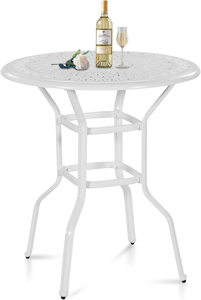 Cast Aluminum Patio Bar Table, 35.4" Outdoor Bar Height Bistro Table with 2" Umbrella Hole, Patio Bistro Round High Top Dining Table Pub Table for Porch Balcony Backyard, White