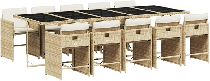 11 Piece Patio Dining Set with Cushions Beige Poly Rattan Outdoor Furniture Table and 10 Chairs with Folding Backrest Tempered Glass Top for Garden Backyard Relaxation Cream White Cushions