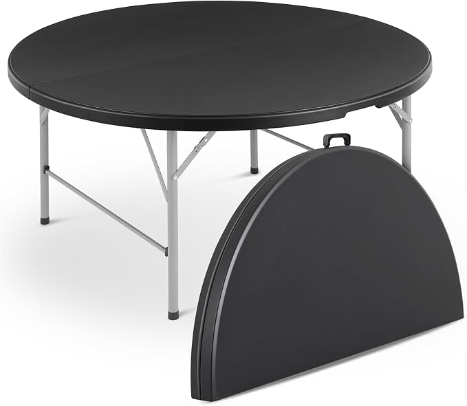 Magshion 60" Round Folding Table, 5 Feet Bi-Folding Plastic Commercial Dining Card Table w/Carrying Handle for Outdoor Wedding Party Event Picnic, Black
