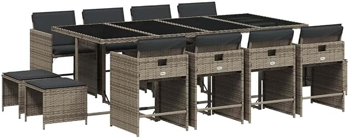 13 Piece Patio Dining Set with Cushions, Outdoor Rattan Dining Table Set for 8, Space-Saving Folding Chairs and Stools, UV Protected Gray Poly Rattan, Tempered Glass Easy 242. 5 lb Capacity