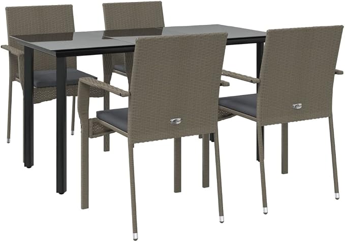 5 Piece Patio Dining Set, Outdoor Garden Table and 4 Chairs with Cushions, Weather Resistant Poly Rattan Furniture for Backyard, Porch, Deck, Black and Gray