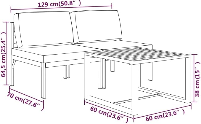 Modular Garden Lounge Set, 2-Seater Anthracite Aluminum Patio Furniture, Matte Finish Metal Lounge Table for Balcony, Terrace and Backyard, 23.6 x 23.6 x 15.0 in