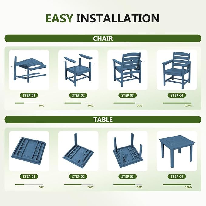 KINGYES HDPE Outdoor Dining Set for 4 with Umbrella, 6-Piece Square Patio Table & Armchairs, All-Weather for Backyard, Garden, Lawn & Poolside, Blue