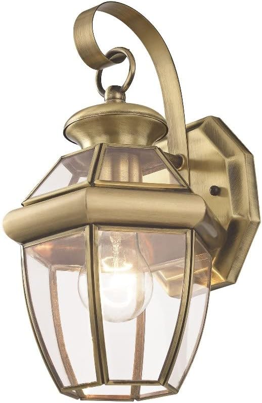 Livex Lighting 2051-01 Monterey 1 Light Outdoor Antique Brass Finish Solid Brass Wall Lantern with Clear Beveled Glass | Clear Beveled Glass; Solid brass construction