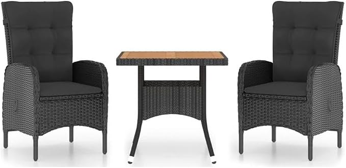 Afuera Living 3-Piece Patio Dining Set, Black Poly Rattan/Steel/Acacia Wood, Square Table with 2 Chairs, Weather-Resistant Cushions, Modern Style for Outdoor Patio, Garden, or Balcony Use