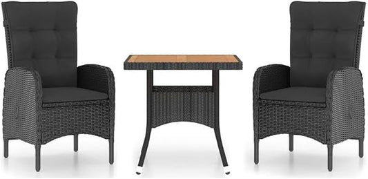 Afuera Living 3-Piece Patio Dining Set, Black Poly Rattan/Steel/Acacia Wood, Square Table with 2 Chairs, Weather-Resistant Cushions, Modern Style for Outdoor Patio, Garden, or Balcony Use
