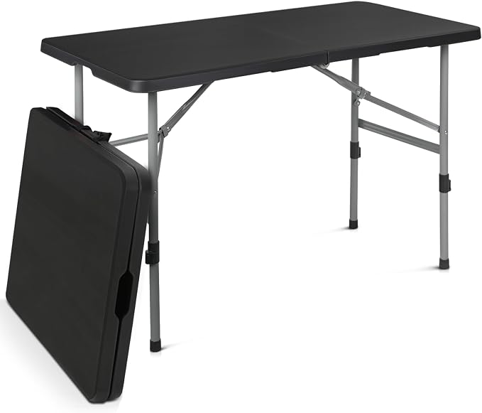 Athena Collection 4ft Folding Table, Lightweight Portable Desk with Handle, Square Foldable Plastic Table for Card Games, Collapsible Dining, Indoor Outdoor Camping Picnic & Party Use, Black