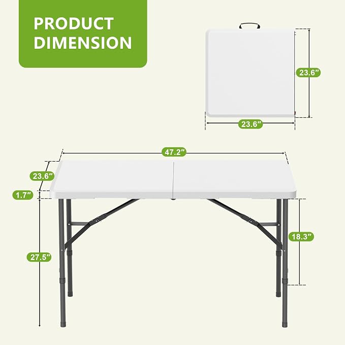 4 Ft Plastic Folding Table,Heavy Duty Portable Table for Indoor & Outdoor,350lbs Weight Capacity,Premium Solutions for Camping,Picnic,BBQ and Party