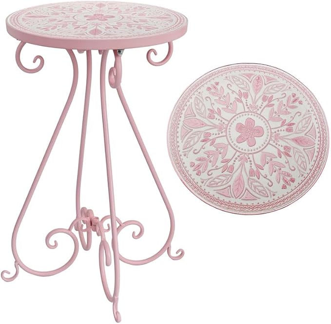 Vintage Outdoor Side Table Round Mosaic Ceramic Tile Top 14" Diameter Metal Plant Stand for Flower Pots Vase Garden Home Porch Pool Indoor Decor Weather Resistant Outside Patio Accent End Furniture