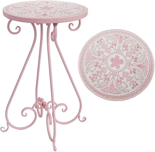 Vintage Outdoor Side Table Round Mosaic Ceramic Tile Top 14" Diameter Metal Plant Stand for Flower Pots Vase Garden Home Porch Pool Indoor Decor Weather Resistant Outside Patio Accent End Furniture