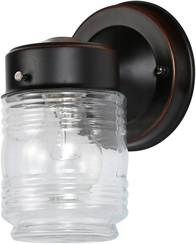 Design House 505198 Jelly Jar Classic 1-Light Indoor/Outdoor Wall Light with Clear Ribbed Glass for Entryway Porch Patio, Oil Rubbed Bronze | Wall Mount, Traditional, Steel, Lighting, 505198