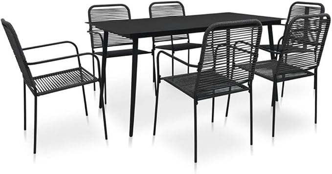 BOWERY HILL 6-Piece Patio Dining Set, Cotton Rope, Powder-Coated Steel, Tempered Glass Table, Black Finish, All-Weather, Contemporary Outdoor Furniture for Garden, Deck, Patio Dining Use