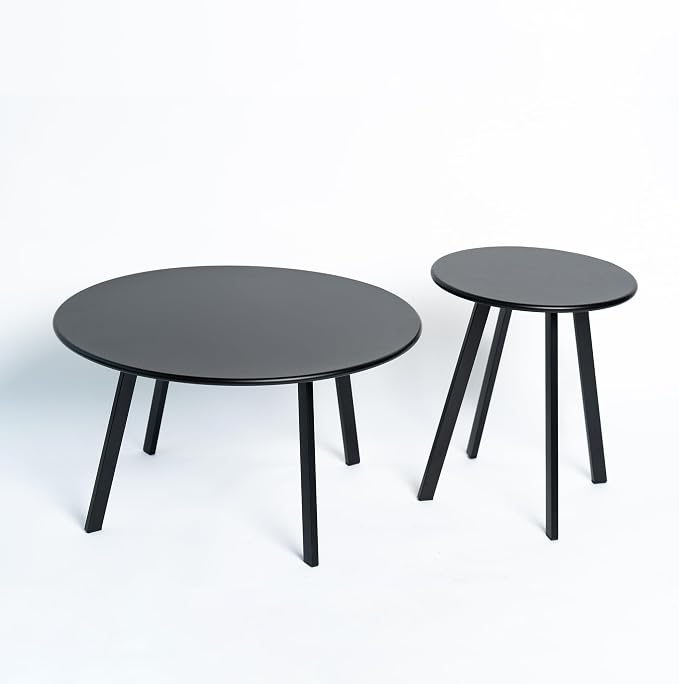 Nesting Side Table Set of 2, Modern Black Metal Wire Round End Tables, Industrial Accent Tables for Patio, Balcony, Living Room, Garden (Black Table)