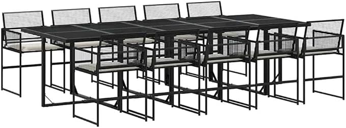 Afuera Living 11-Piece Rattan Garden Dining Set, Black/Cream White, Weather-Resistant PE Rattan, Matte Finish, Includes Table and 10 Chairs with Cushions, Outdoor Patio Furniture for Garden or Terrace