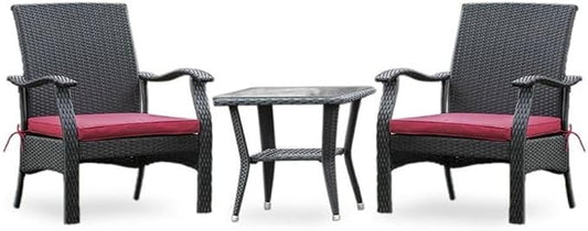 Pemberly Row Contemporary 3-Piece Metal Patio Dining Set, Black Finish, Wicker and Steel Frame with Glass Tabletop and Cushions, Weather-Resistant Outdoor Furniture for Modern Patio Spaces