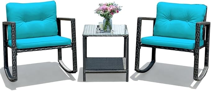 3PCS Patio Rattan Furniture Set Rocking Chairs Cushioned Conversation