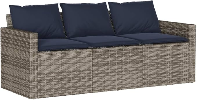 2 Piece Patio Dining Set with Cushions Gray Poly Rattan Outdoor Bistro Table and 3-Seater Sofa Set for Garden Backyard Deck, UV-Proof Acacia Wood Top, Removable Washable Cushion Covers
