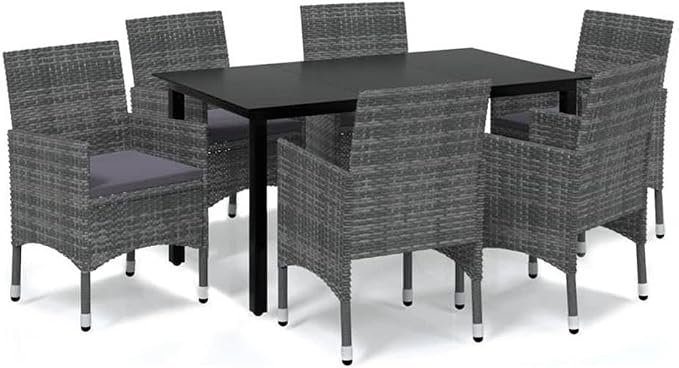 BOWERY HILL Contemporary Glass 7 Piece Patio Dining Set, Weather-Resistant Gray PE Rattan, Rectangular Table with Cushioned Seats, Matte Finish, Seating for 6, Outdoor Garden Furniture