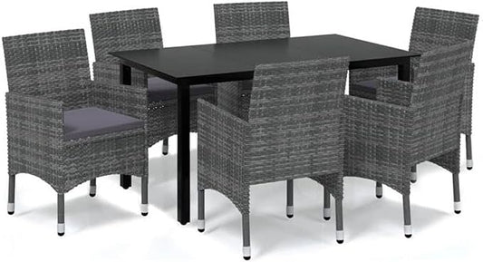 BOWERY HILL Contemporary Glass 7 Piece Patio Dining Set, Weather-Resistant Gray PE Rattan, Rectangular Table with Cushioned Seats, Matte Finish, Seating for 6, Outdoor Garden Furniture
