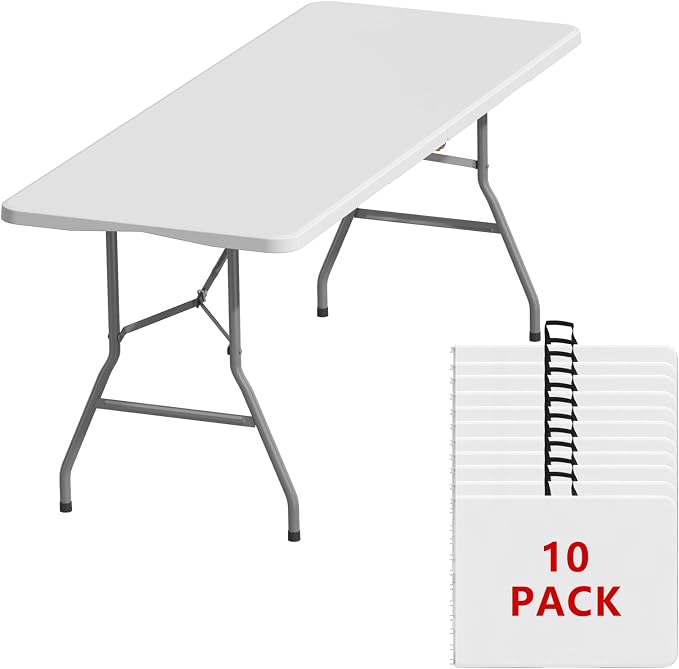 6FT Folding Tables – Heavy Duty Portable Foldable Picnic Table with Built-in Handle, 450 lb Capacity – Ideal for Events, Parties, Crafts, Camping & Dining (10-Pack, White)