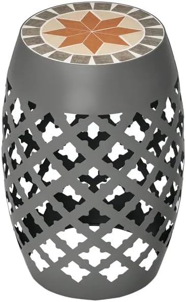 Ceramic Mosaic Outdoor Side Table, 12" Round Garden Stool Hollow Drum Accent End Table, All-Weather Metal Plant Stand Footstool for Patio, Balcony, Living Room, No Assembly