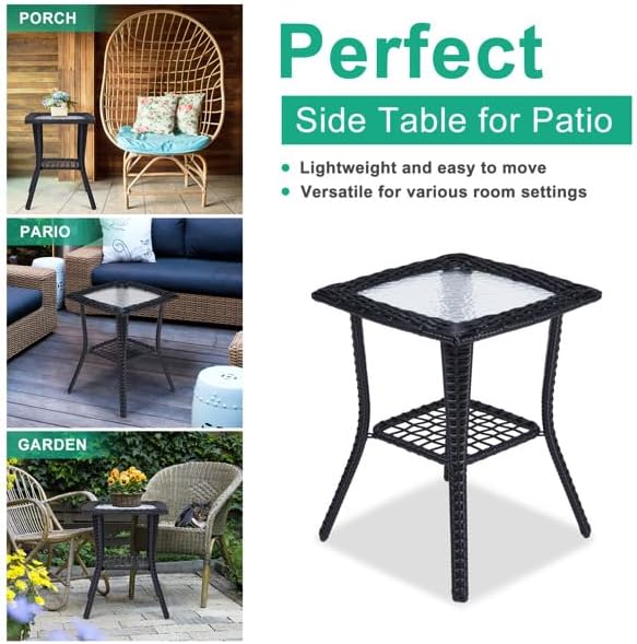 Outdoor Wicker Side Table, Rattan End with Glass Top, Patio Coffee Bistro for Indoor Garden Porch Balcony (Black)