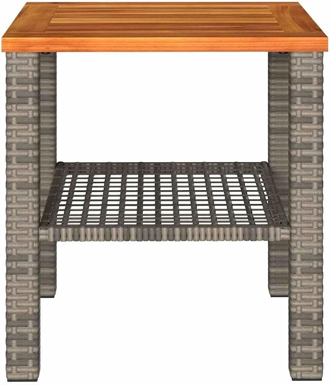 Small Garden Table with Acacia Wood Top, 15.7x15.7x16.5 Inch Patio Table Gray, PE Rattan Outdoor Side for Backyard