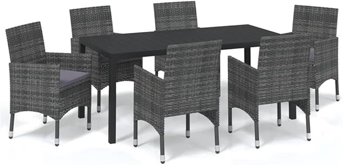Afuera Living 7-Piece PE Rattan & Steel Patio Dining Set, Gray/Black/Dark Gray, Weather-Resistant, Sturdy Outdoor Furniture for Garden, Terrace or Balcony, Comfortable Seating for 6 People