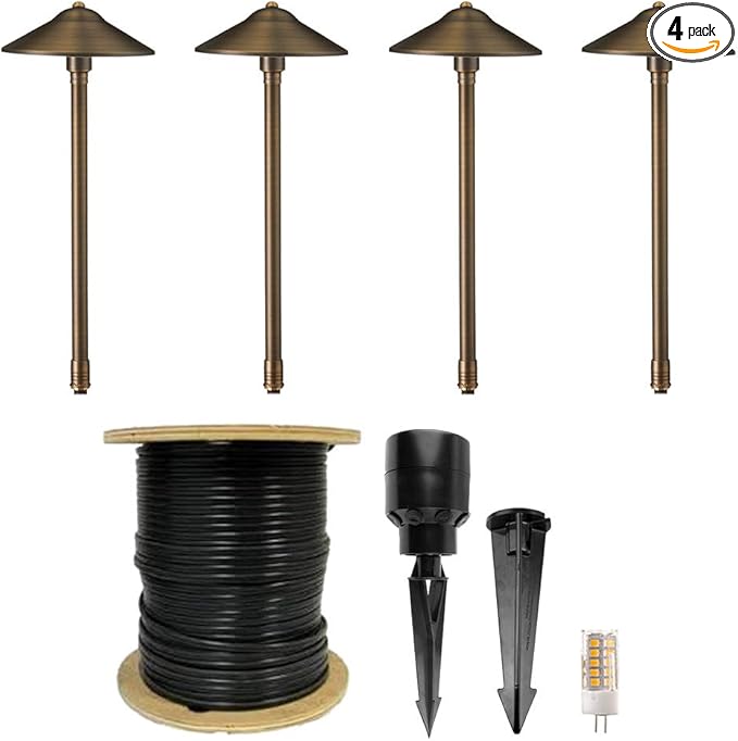 VOLT 12V Brass Max Spread LED Path Light 4-Pack Expansion Kit (Bronze) | 3W LED G4 Bulbs Produce 300 Lumens of 2700K Warm White Light, Ideal for Outdoor Pathway Walkway Garden Driveway or Patio