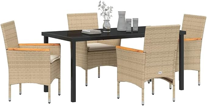 5-Piece Garden Dining Set with Cushions, Modern Outdoor Patio Furniture for 4, Poly Rattan Table and Chairs for Backyard, Poolside, Deck, Beige