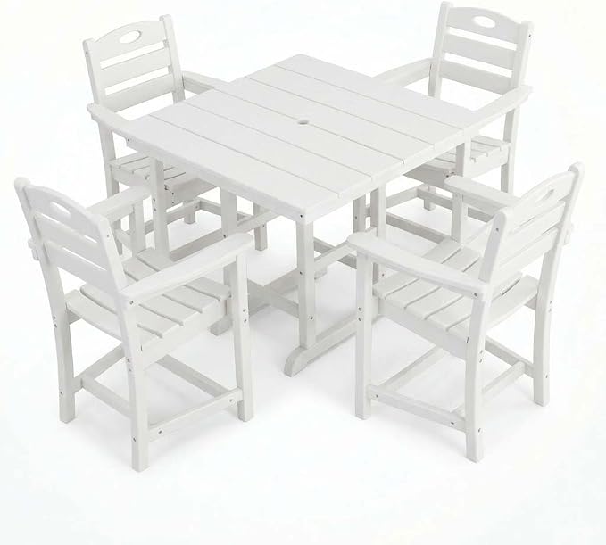 WILLIAMSPACE 37.8" Outdoor Patio Dining Set with 4 Armchairs, All Weather HDPE Square Dining Table with Umbrella Hole, Patio 5-Piece Bistro Set for Backyard, Balcony, Lawn, Kitchen (White)