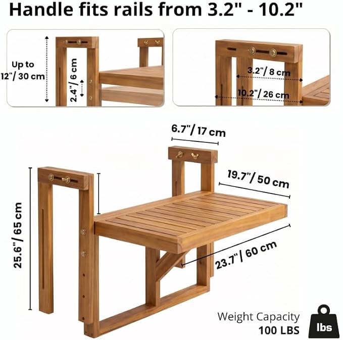 Acacia Wood Balcony Hanging Table – Stable Fixed Outdoor Railing Table – Weather-Resistant White Finish – Adjustable Mounting for Small Balcony, Patio, and Porch (Natural Wood - 2pcs)
