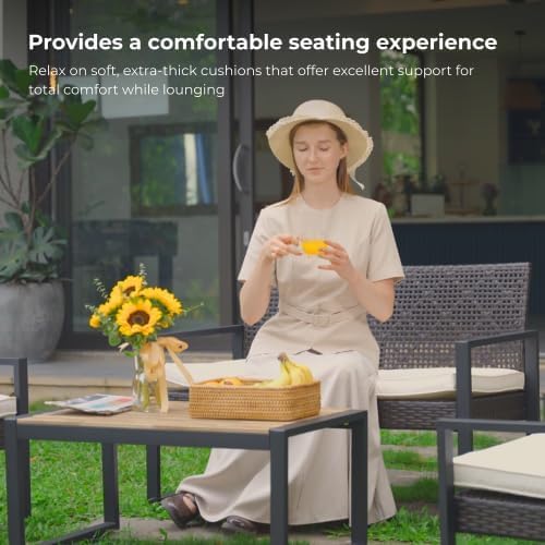 4-Piece Patio Furniture Set,Outdoor Wicker Conversation Sets with Wood Coffee Table,Heavy Duty PE Rattan Sectional Sofa Couch w/Washable Cushions for Backyard Balcony Porch Poolside (Vintage Brown)