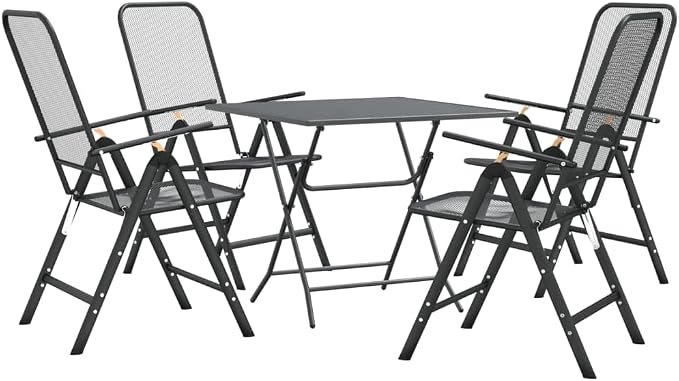 5 Piece Patio Dining Set Expanded Metal Mesh Anthracite Outdoor Table and 4 Chairs Foldable Adjustable Backrest E-Coating Weatherproof for Garden Poolside Deck