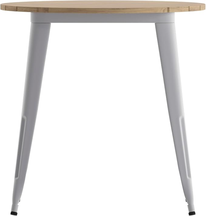 EMMA + OLIVER Drew Dining Table - Brown 30" Round Poly Resin Table Top - Silver Steel Base - All-Weather for Indoor/Outdoor Use