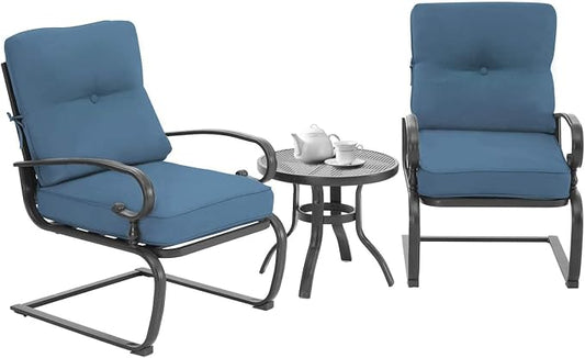 Outdoor 3 Pcs Patio Bistro Spring Set Motion Metal Lounge Chairs and Round Table, Steel Conversation Set with Washable Cushions, Peacock Blue