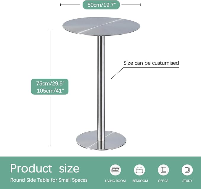 Round Dining Tables Leisure Table with Stainless Steels Table Top and Stable Base for Living Room Balcony Garden Outdoor, Space Saving(50x50x75cm)
