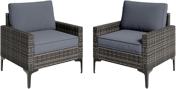 JOYURE 2 Pieces Patio Single Sofa Chairs Outdoor Sofa Armchairs with Anti-Slip Cushions and Waterproof Cover for Balcony,Deck,Grey