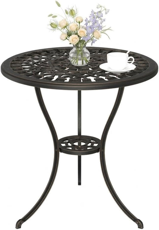GAOMON 23" Cast Aluminum Patio Bistro Table with Umbrella Hole, Outdoor Round Coffee Bistro Side Table, Anti-Rust Outdoor Furniture for Backyard, Garden, Porch, Pool, Balcony, Bronze