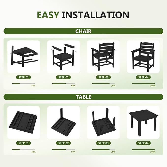 KINGYES 5-Piece HDPE Outdoor Dining Set for 4, Square Patio Table & Armchairs with Umbrella Hole, All-Weather Patio Dining Set for Backyard, Garden, Lawn & Poolside, Black