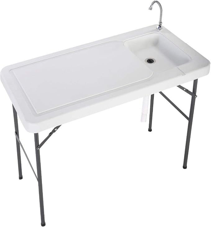 SSLine Portable Outdoor Fish Table Folding Camping Table with Sink Patio Picnic Cleaning Cutting Work Station Desk w/Quick Connect Faucet