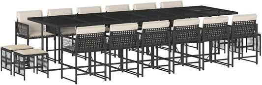 17-Piece 16-Person Outdoor Patio Dining Set with Cushions, Large 130 Inch Rectangular Tempered Glass Table and Foldable Rattan Chairs for Garden and Backyard, Black and Cream