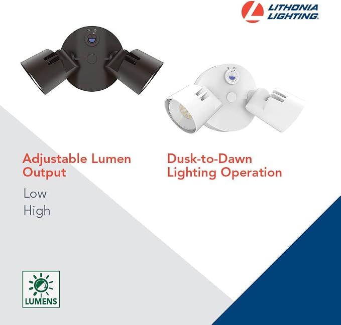 Lithonia Lighting HomeGuard 2-Light LED Outdoor Flood Lights, Dusk to Dawn | White Outdoor LED Lights, Adjustable Lumens, 4000K Cool White, Round Heads (HGX LED 2RH ALO 40K 120 PE WH M2)