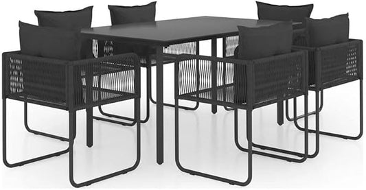 Afuera Living 7-Piece Foldable Garden Dining Set, PVC Rattan, Black Finish, Rectangular Table with 6 Chairs, Weatherproof UV Resistant Materials, Removable Cushions, Modern Outdoor Patio or Backyard