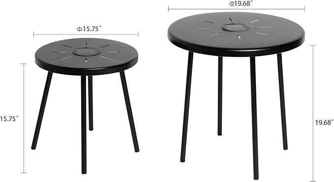 Solar Nesting Side Table Set of 2, Modern Black Metal Wire Round End Tables with Dusk to Dawn LED Light & On/Off Switch, Industrial Accent Tables for Patio, Balcony, Living Room, Garden (Solar 1)