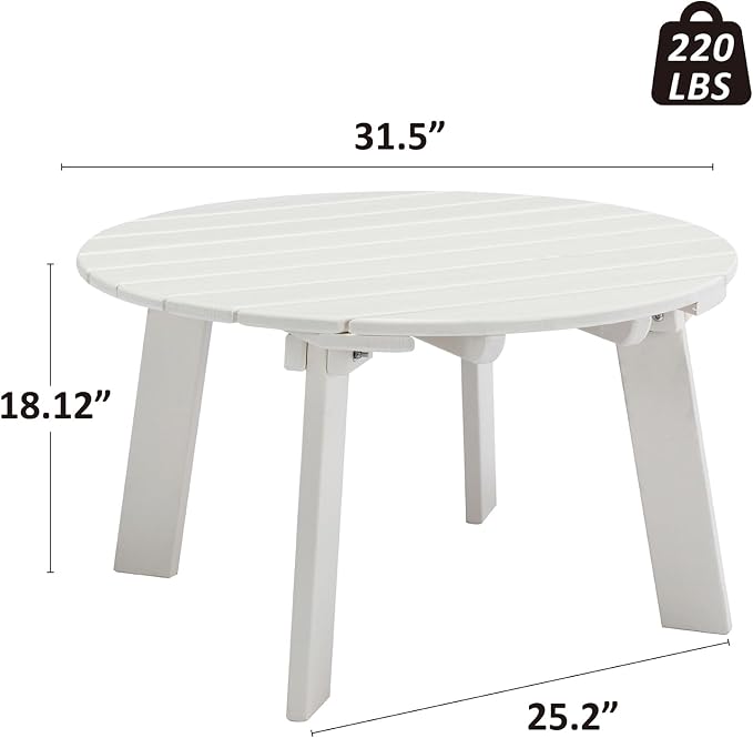 31.5" Outdoor Round Coffee Table, Adirondack Patio Coffee Table, Outdoor Large Side Table for Balcony Lawn (White)