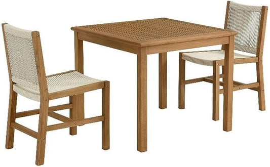 Modway Vienna Outdoor Patio Teak Wood 3-Piece Dining Set in Natural Natural – Weather-Resistant Square Dining Table with Woven Rope Armless Chairs – Bistro Set for 2 – Chair Patio Set with Table