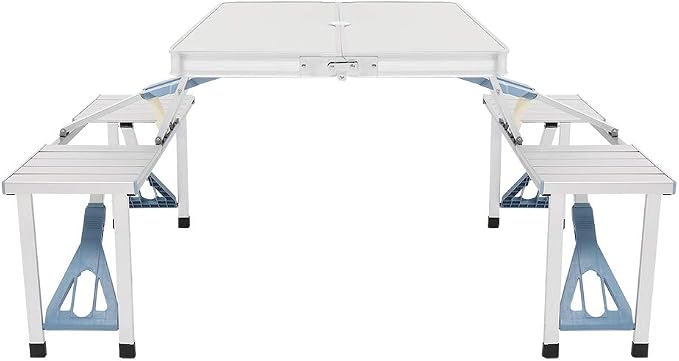 Picnic Table,Folding Picnic Table with Umbrella Hole, Aluminum Suitcase Portable Outdoor Table with Bench, Patio, Porch or Camping Table and Chair Set (Silver, Aluminum Alloy)