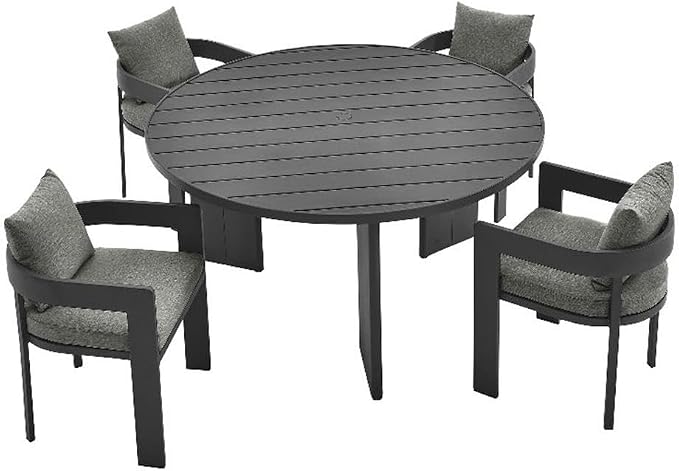 Modway Tahoe Outdoor Patio Powder-Coated Aluminum 5-Piece Dining Set in Gray Gray - Round Patio Furniture Set for 4 - Outside Table with Umbrella Hole and Cushioned Chairs - Modern Patio Set